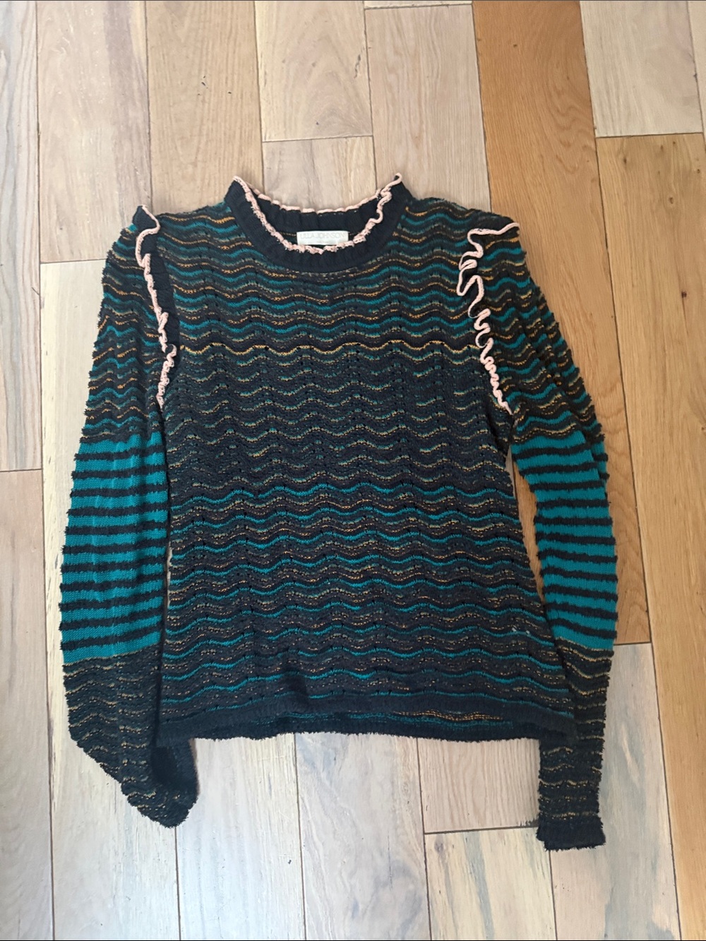 Ulla Johnson Teal, Black & Pink Ruffle-Trim Striped Crew Sweater